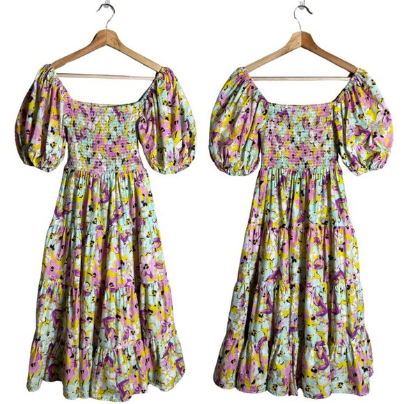 Pinch Puff Sleeve Floral Tiered Midi Dress Womens Small Smocked Boho Cottagecore - Picture 1 of 14